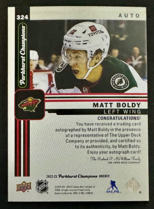 2022-23 Parkhurst Champions Matt Boldy Rookie Auto back